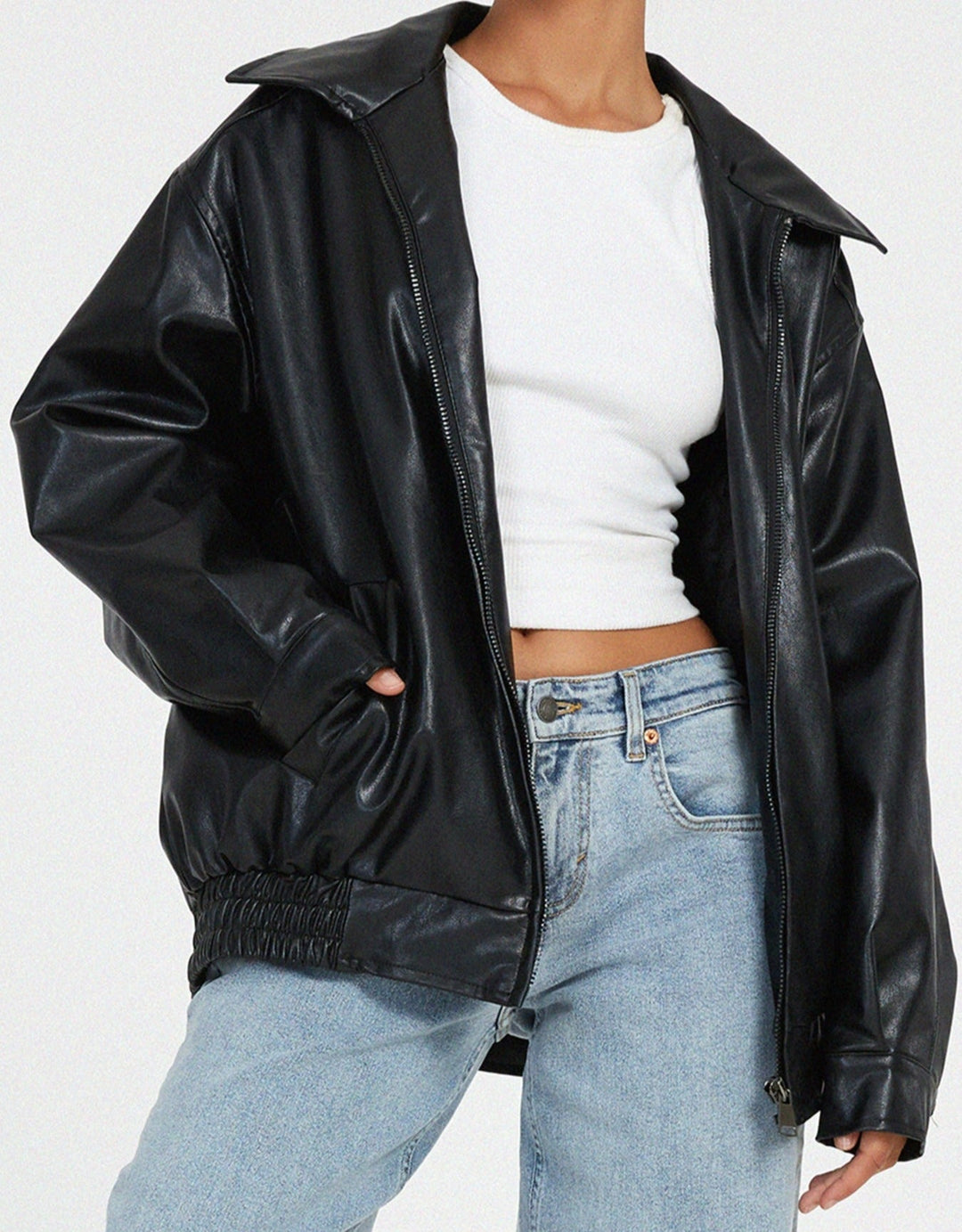 Women's Relaxed Oversized Brown Leather Bomber Jacket