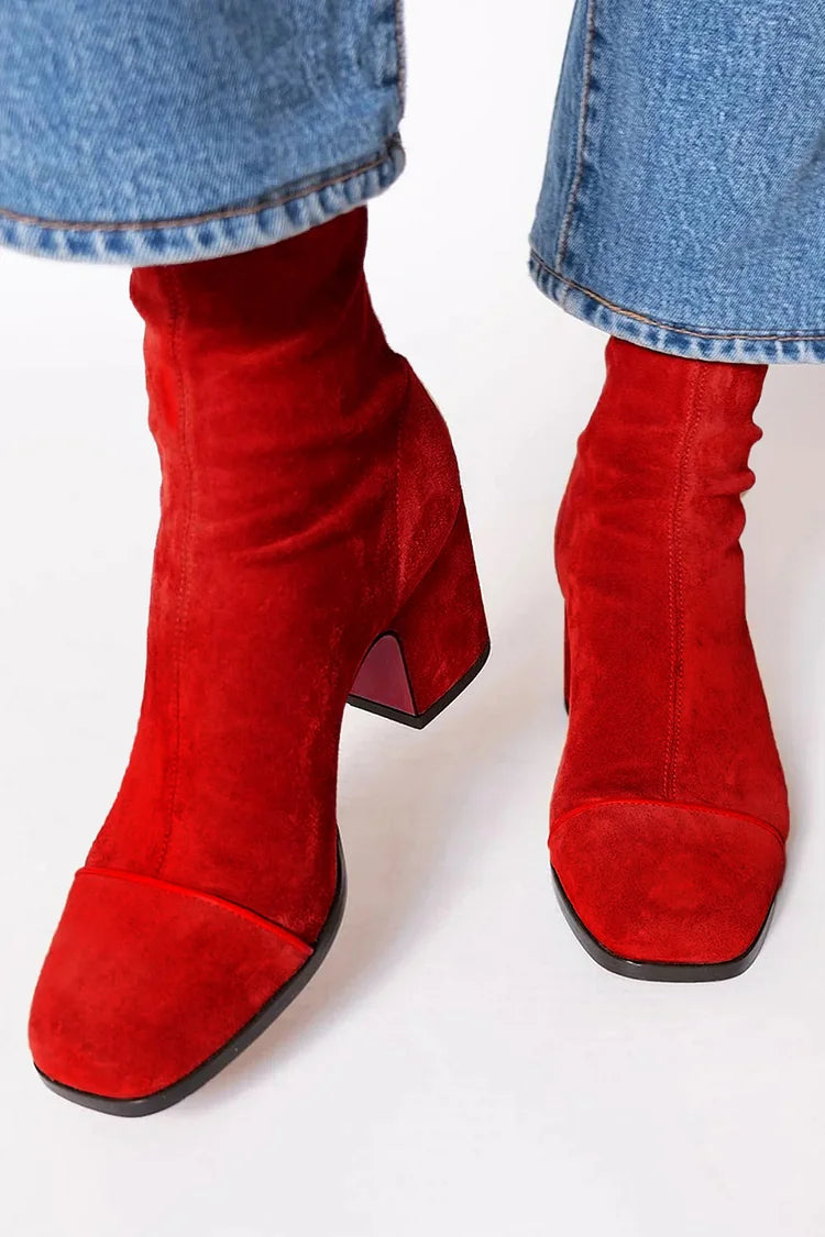 Women's Warm Suede Ankle Boots with Square Toe and Block Heel