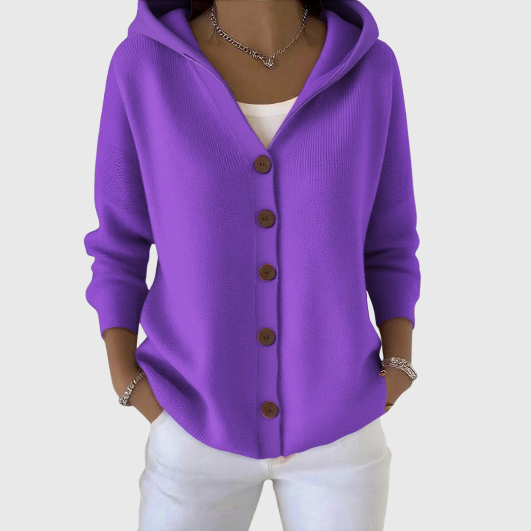 Women's Feminine Hooded Knit Cardigan with Button Down Front
