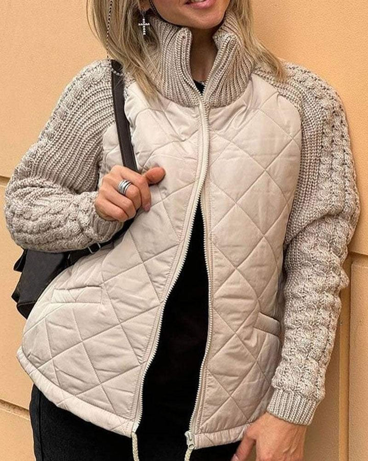 Women's Relaxed Quilted Puffer Jacket with Knit Sleeves