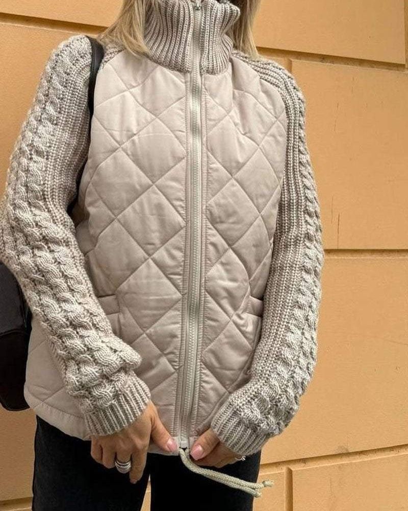 Women's Relaxed Quilted Puffer Jacket with Knit Sleeves
