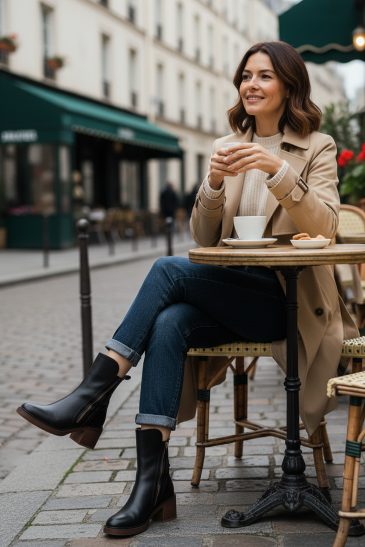 Lily™ | Black leather boot with a comfortable heel, elegant and timeless