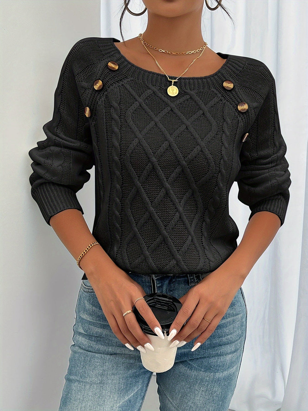 Women's Feminine Cable Knit Crewneck Sweater