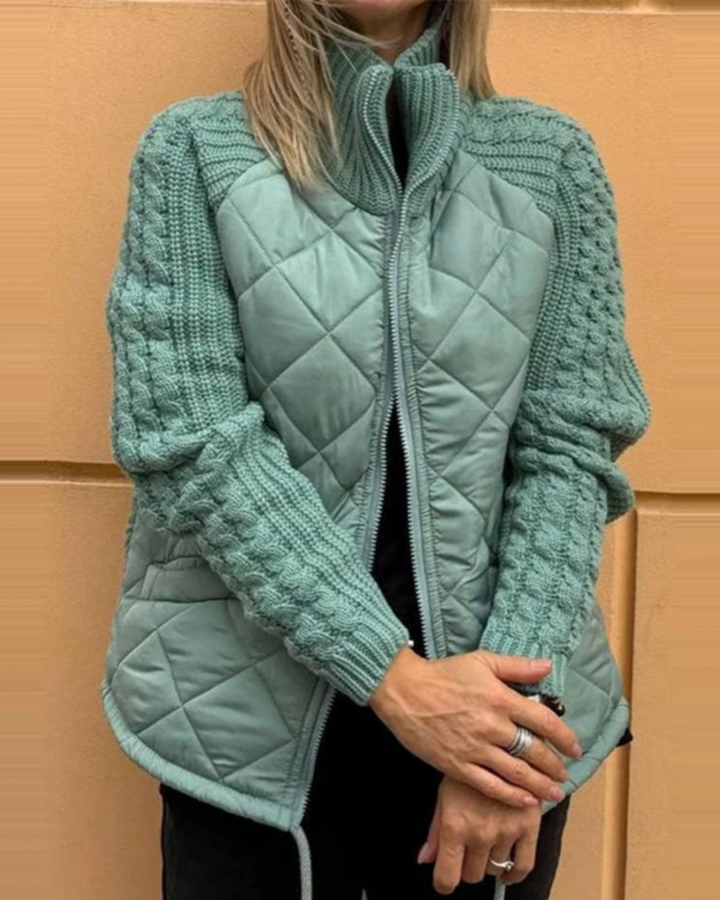 Women's Relaxed Quilted Puffer Jacket with Knit Sleeves