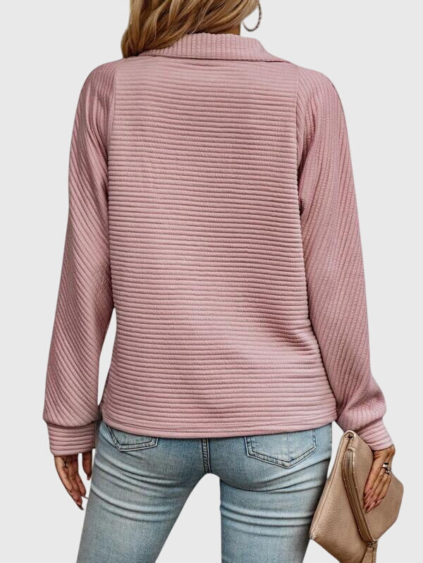 Women's Feminine Ribbed Knit Sweater with Half-Zip Collar
