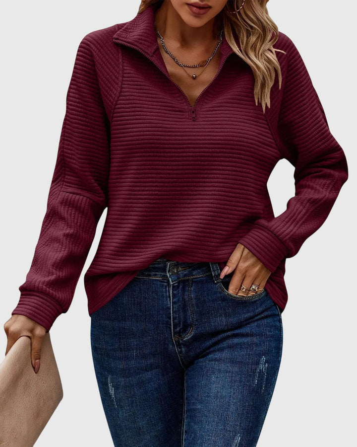 Women's Feminine Ribbed Knit Sweater with Half-Zip Collar