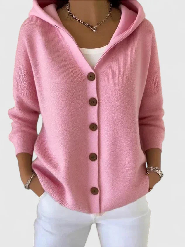 Women's Feminine Hooded Knit Cardigan with Button Down Front