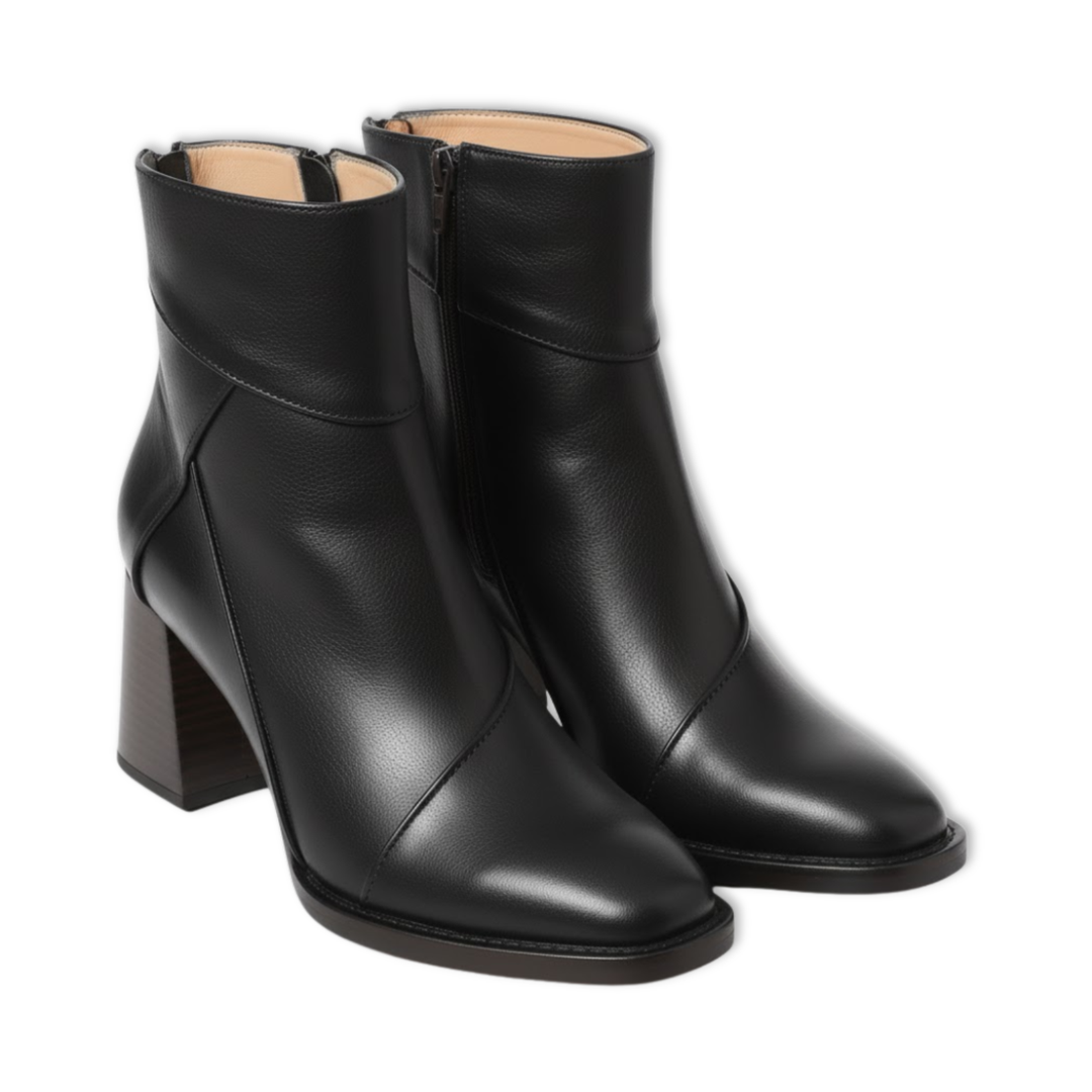 Women's Chic Leather Ankle Boots with Square Toe and Block Heel