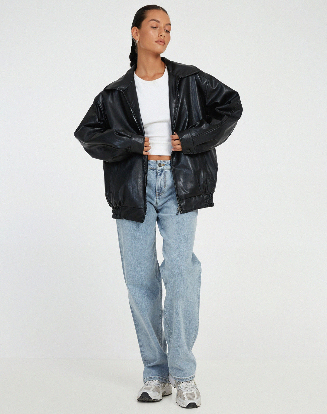 Women's Relaxed Oversized Brown Leather Bomber Jacket