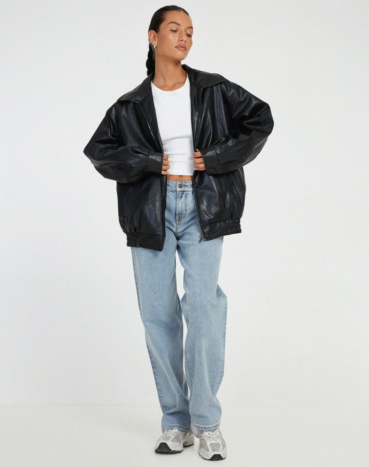 Women's Relaxed Oversized Brown Leather Bomber Jacket