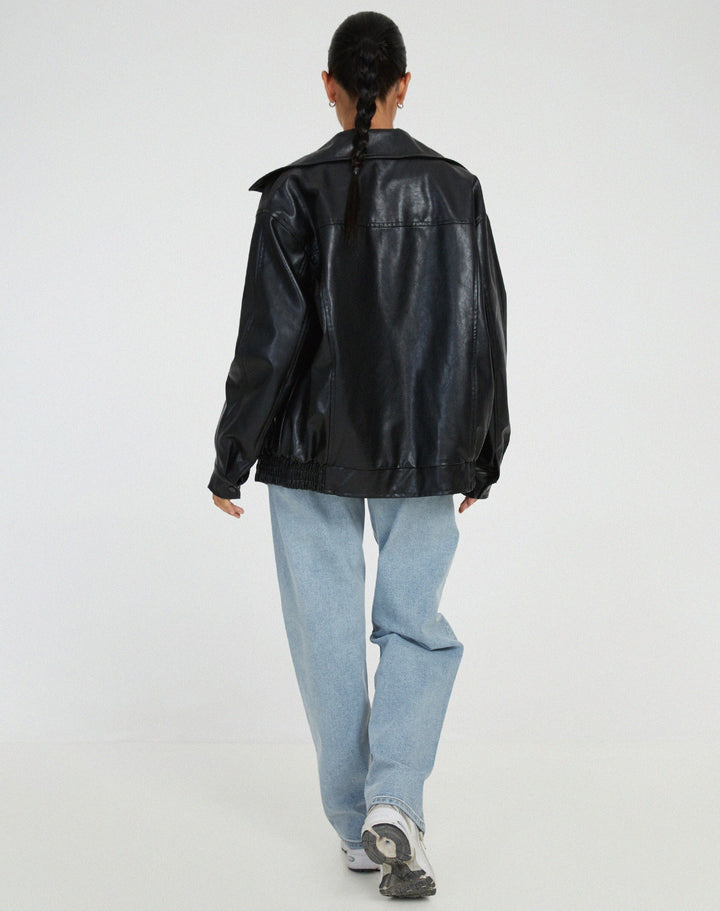 Women's Relaxed Oversized Brown Leather Bomber Jacket