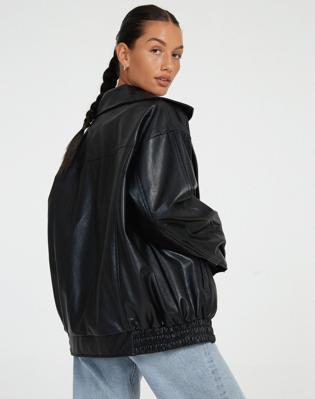 Women's Relaxed Oversized Brown Leather Bomber Jacket