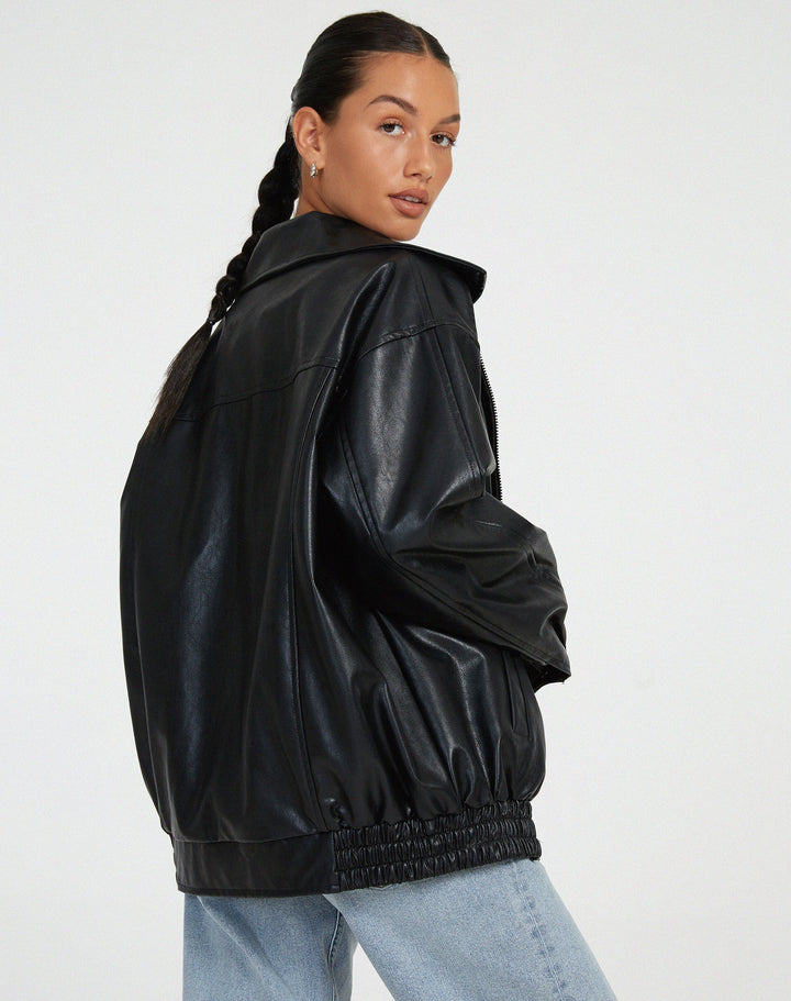 Women's Relaxed Oversized Brown Leather Bomber Jacket