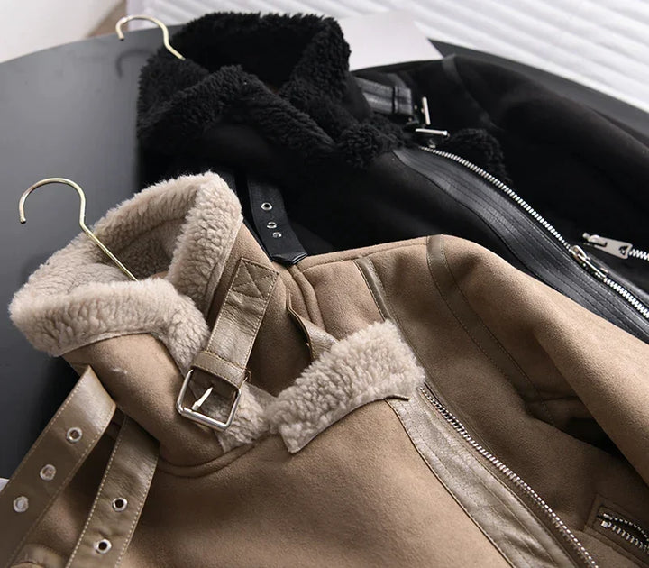 Women's Warm Suede Leather Jacket with Belt