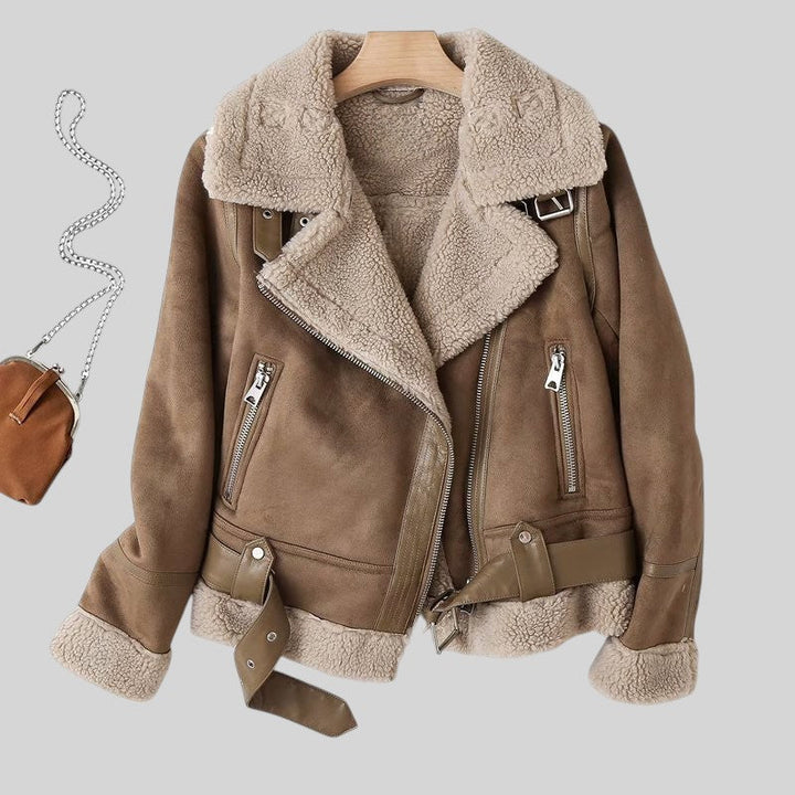 Women's Warm Suede Leather Jacket with Belt