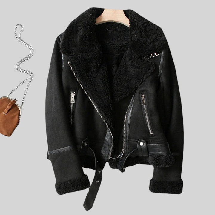 Women's Warm Suede Leather Jacket with Belt