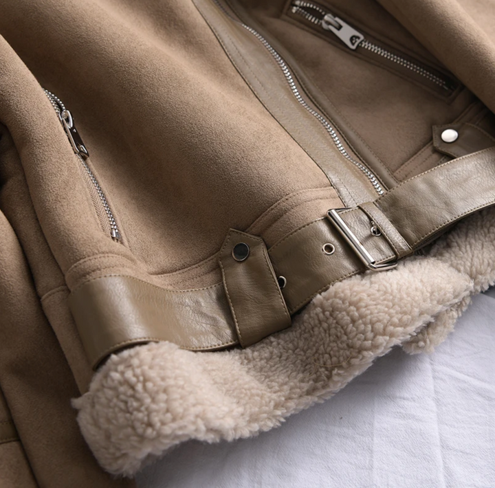 Women's Warm Suede Leather Jacket with Belt