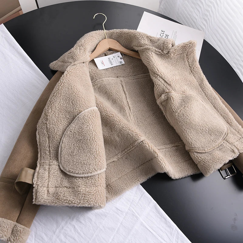 Women's Warm Suede Leather Jacket with Belt