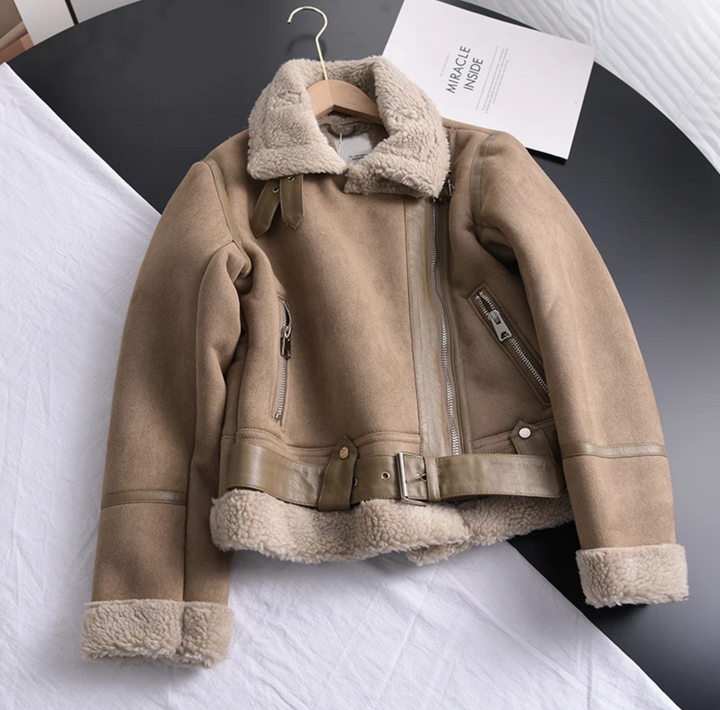 Women's Warm Suede Leather Jacket with Belt