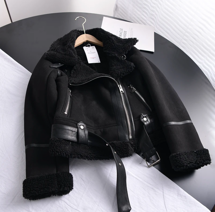 Women's Warm Suede Leather Jacket with Belt