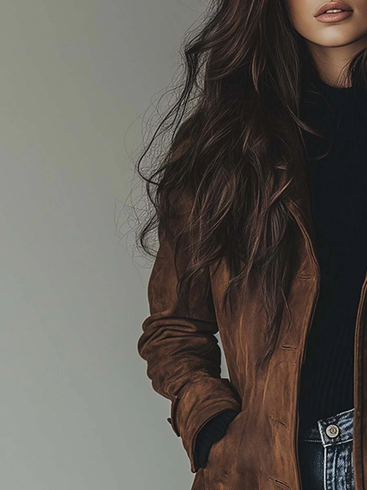 Women's Versatile Long Suede Trench Coat with Buttons