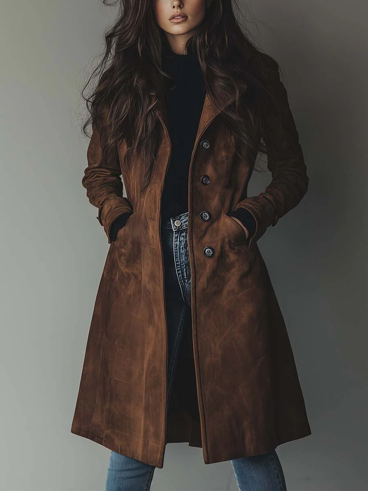 Women's Versatile Long Suede Trench Coat with Buttons