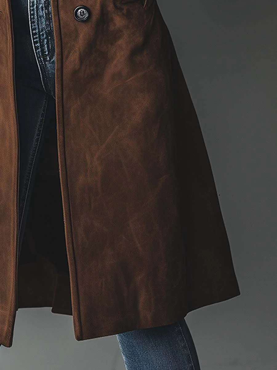 Women's Versatile Long Suede Trench Coat with Buttons