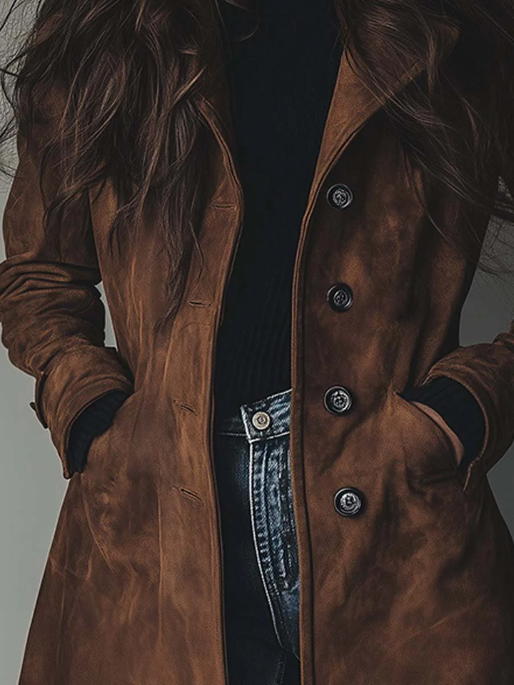 Women's Versatile Long Suede Trench Coat with Buttons