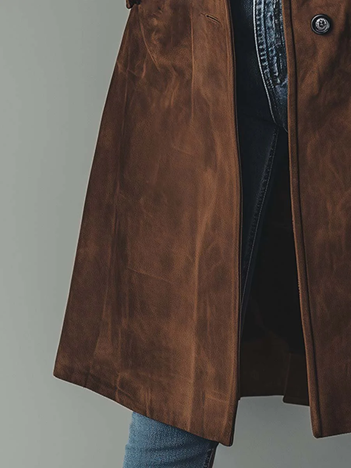 Women's Versatile Long Suede Trench Coat with Buttons