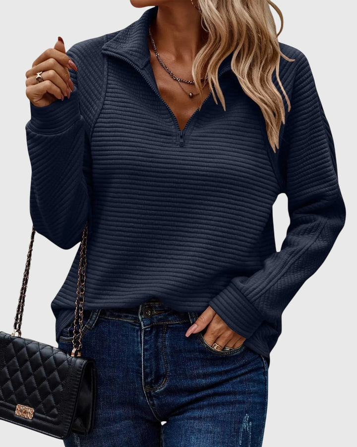 Women's Feminine Ribbed Knit Sweater with Half-Zip Collar