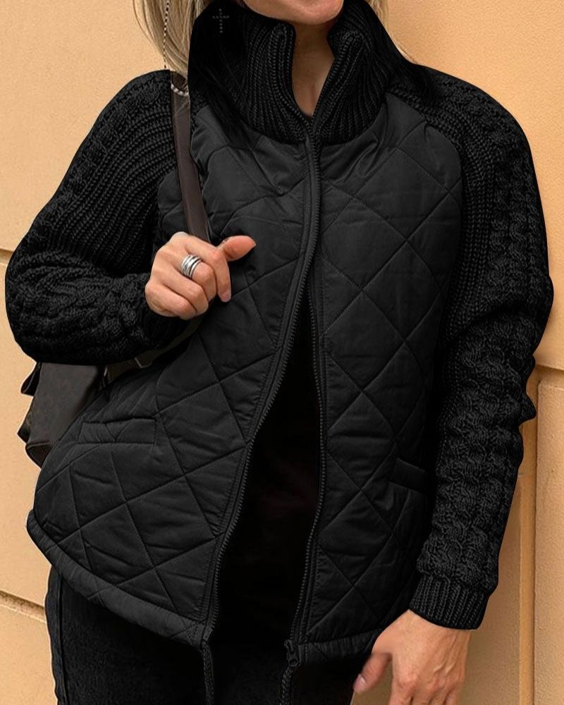 Women's Relaxed Quilted Puffer Jacket with Knit Sleeves