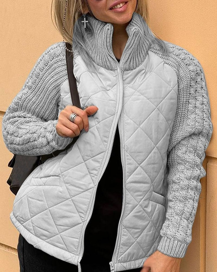 Women's Relaxed Quilted Puffer Jacket with Knit Sleeves