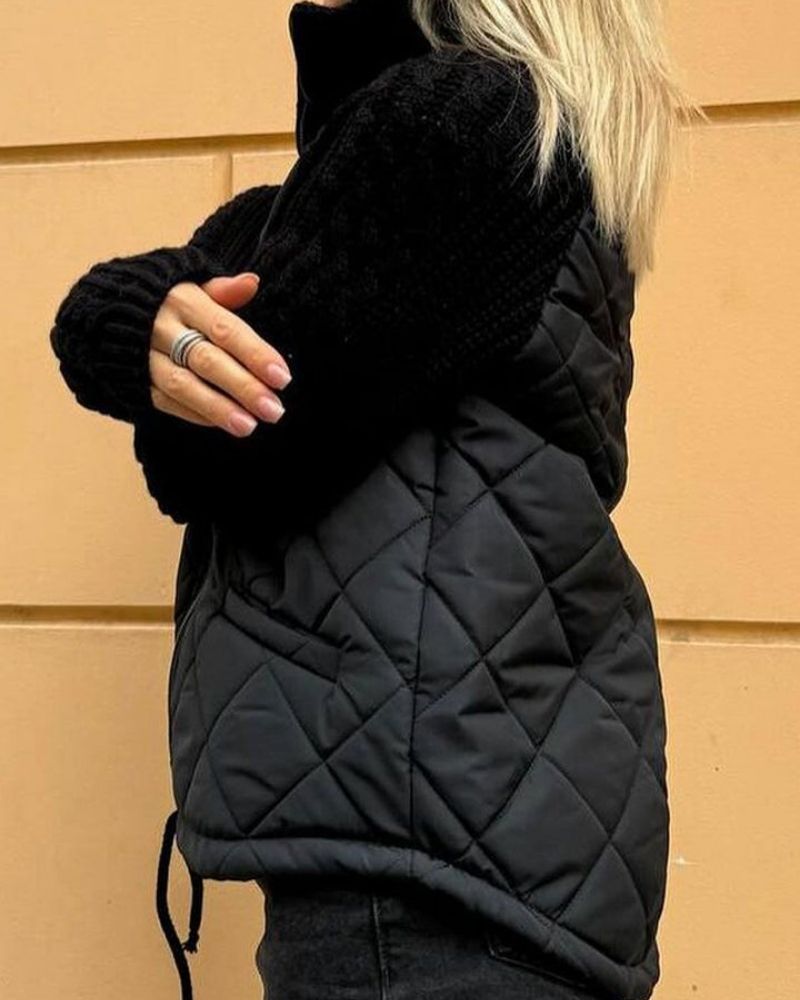 Women's Relaxed Quilted Puffer Jacket with Knit Sleeves