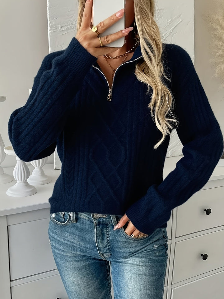 Women's Beautiful Cable Knit Half-Zip Sweater with Mock Neck