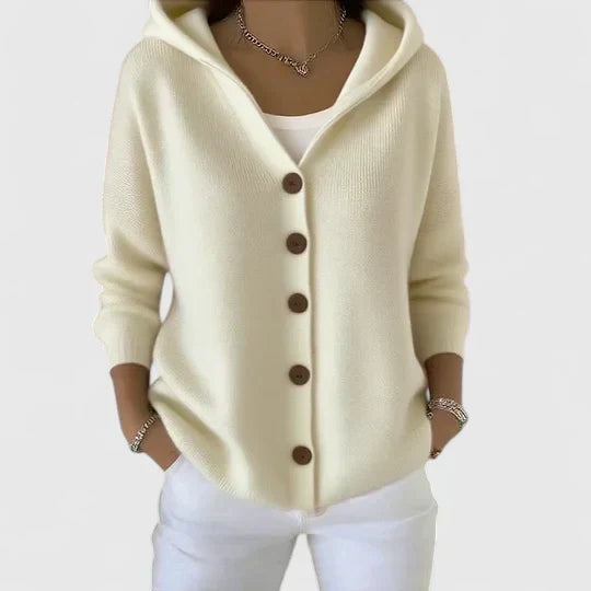 Women's Feminine Hooded Knit Cardigan with Button Down Front