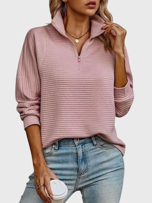 Women's Feminine Ribbed Knit Sweater with Half-Zip Collar
