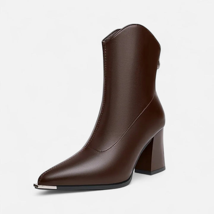 Women's Timeless Pointed Toe Leather Ankle Boots with Block Heel
