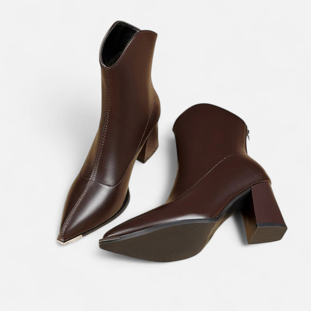 Women's Timeless Pointed Toe Leather Ankle Boots with Block Heel