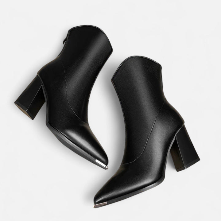 Women's Timeless Pointed Toe Leather Ankle Boots with Block Heel