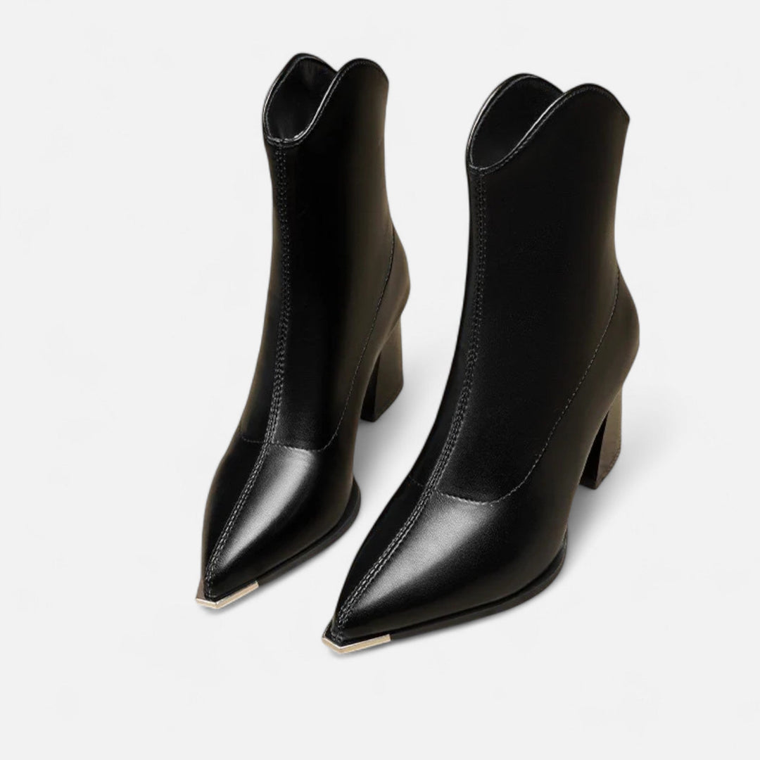 Women's Timeless Pointed Toe Leather Ankle Boots with Block Heel