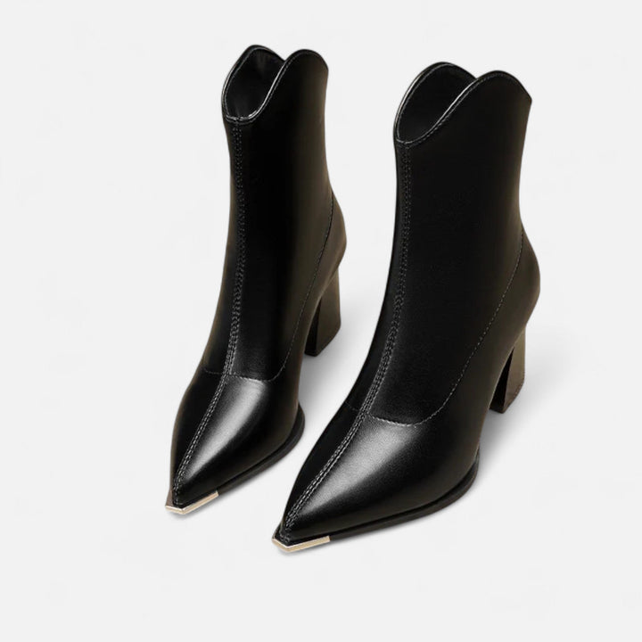 Women's Timeless Pointed Toe Leather Ankle Boots with Block Heel