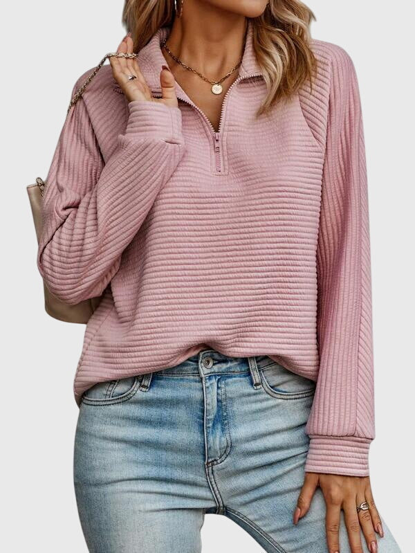 Women's Feminine Ribbed Knit Sweater with Half-Zip Collar