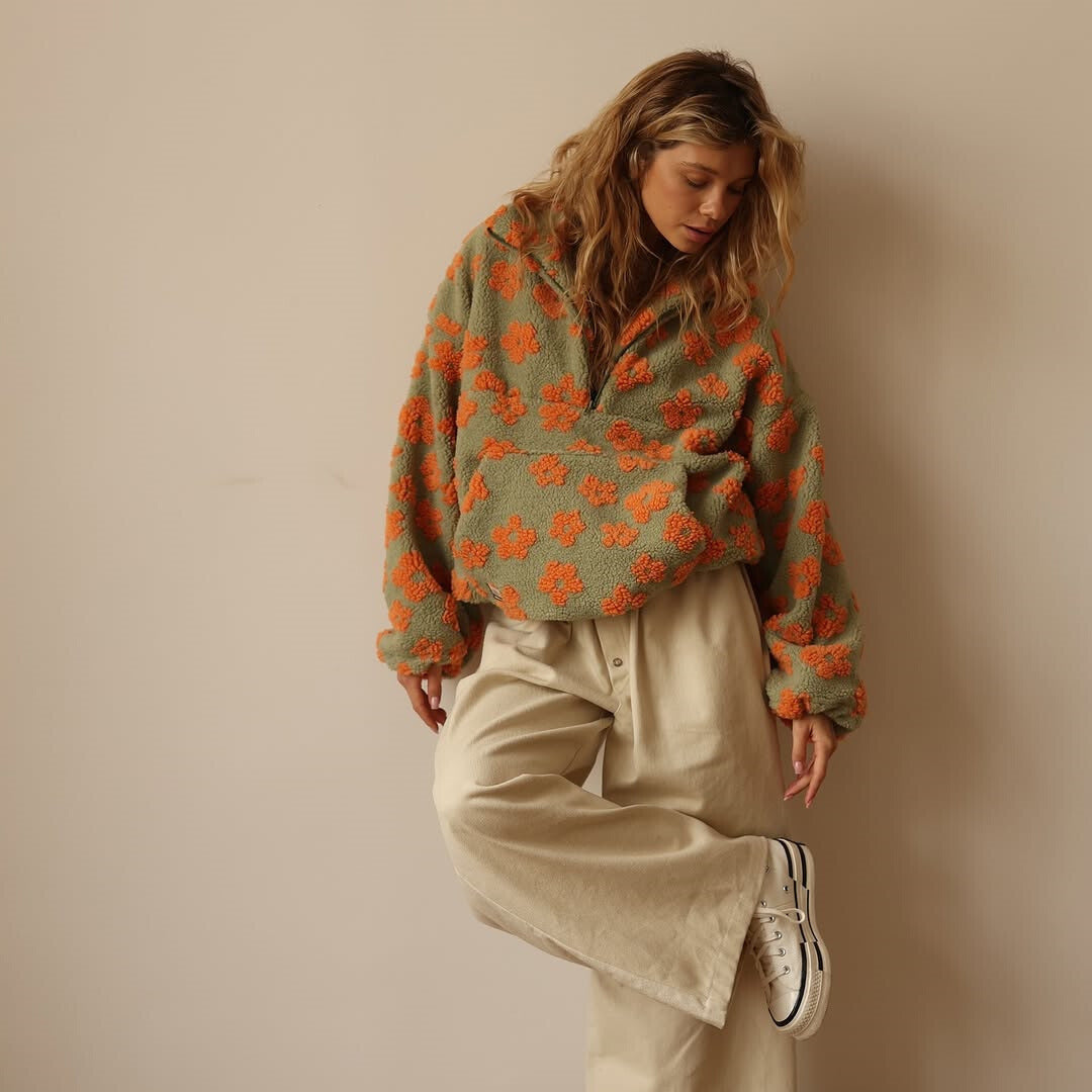 Nora | Long Sleeve And Floral Print Fleece Sweater