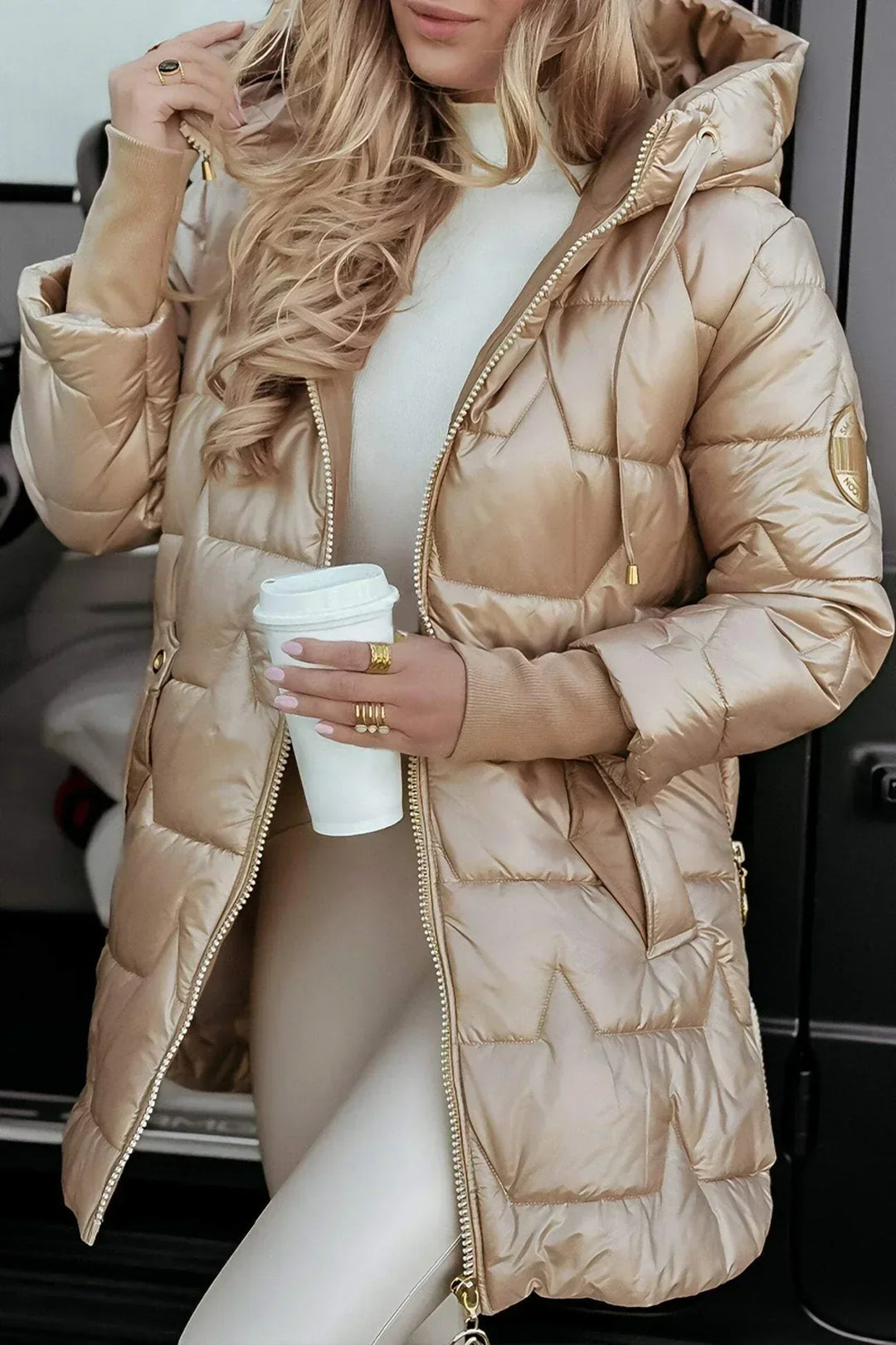 Chloe | Long, warm quilted jacket with wraparound hood