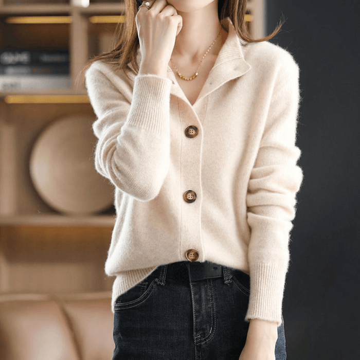 Women's Lightweight Cashmere Mock Neck Knit Cardigan with Button Up