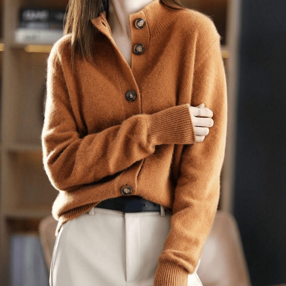Women's Lightweight Cashmere Mock Neck Knit Cardigan with Button Up
