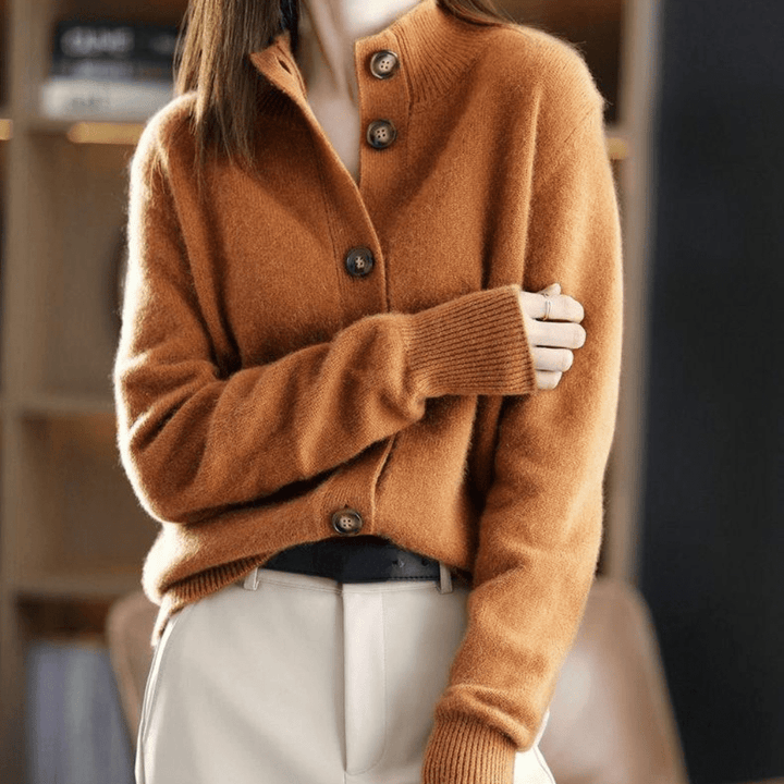 Women's Lightweight Cashmere Mock Neck Knit Cardigan with Button Up