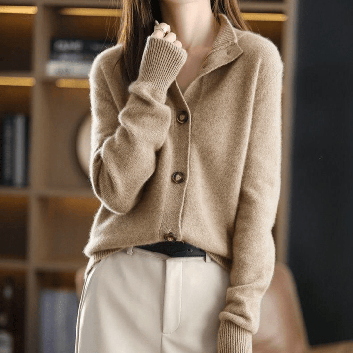 Women's Lightweight Cashmere Mock Neck Knit Cardigan with Button Up
