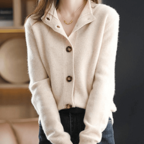 Women's Lightweight Cashmere Mock Neck Knit Cardigan with Button Up