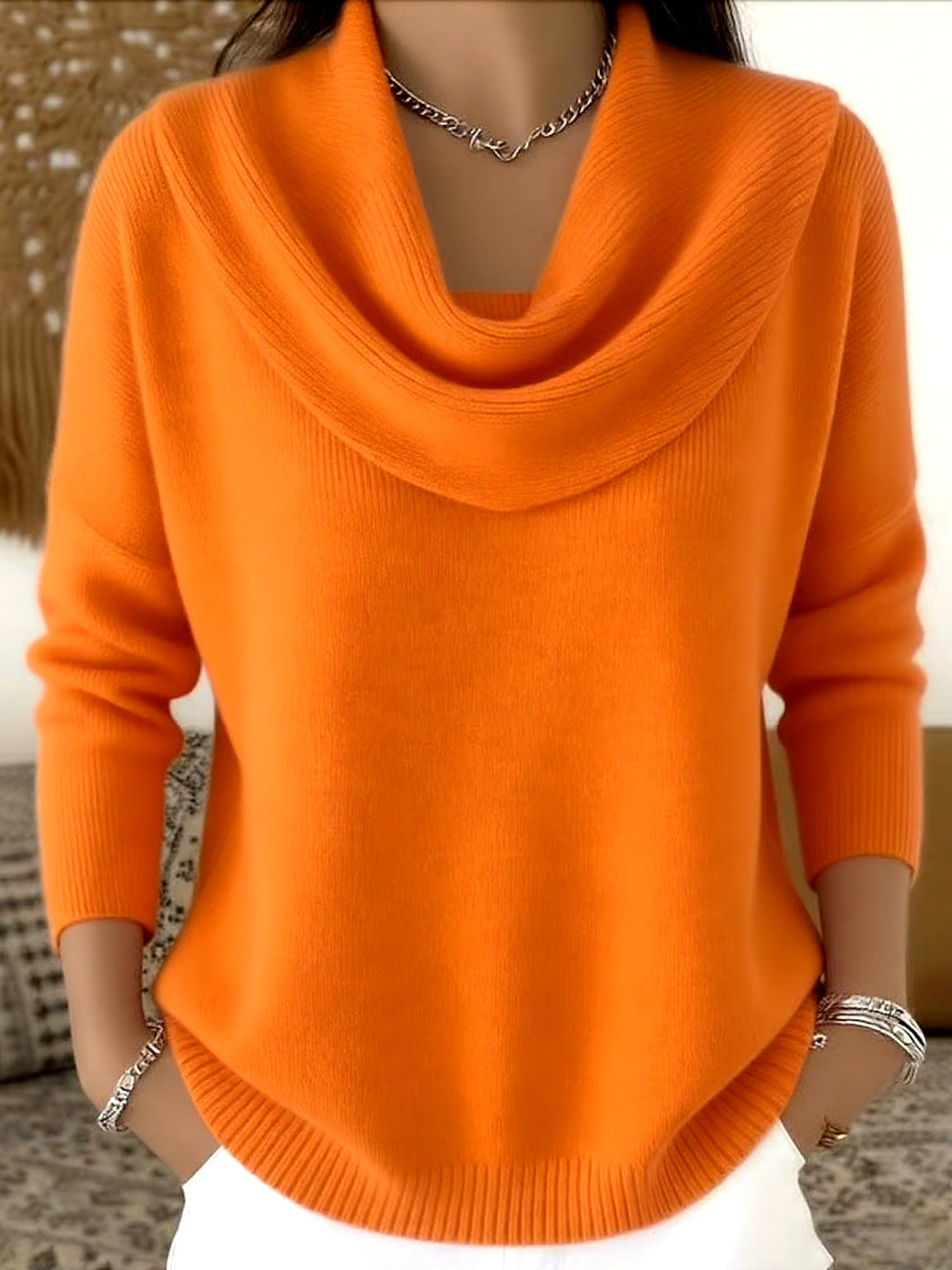Women's Elegant Oversized Cowl Neck Ribbed Knit Sweater